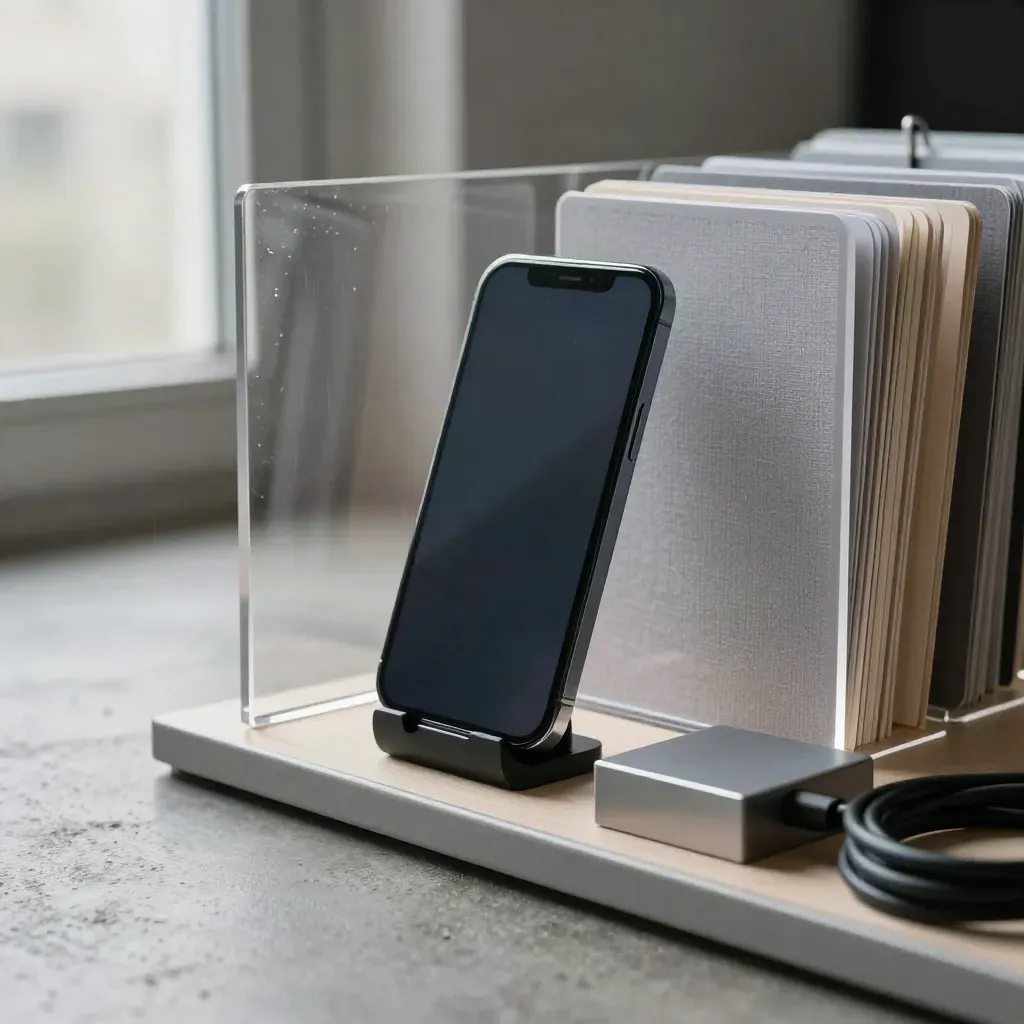 Macro of a content rack with phone stand, acrylic frames, cards, charger and rain mist.
