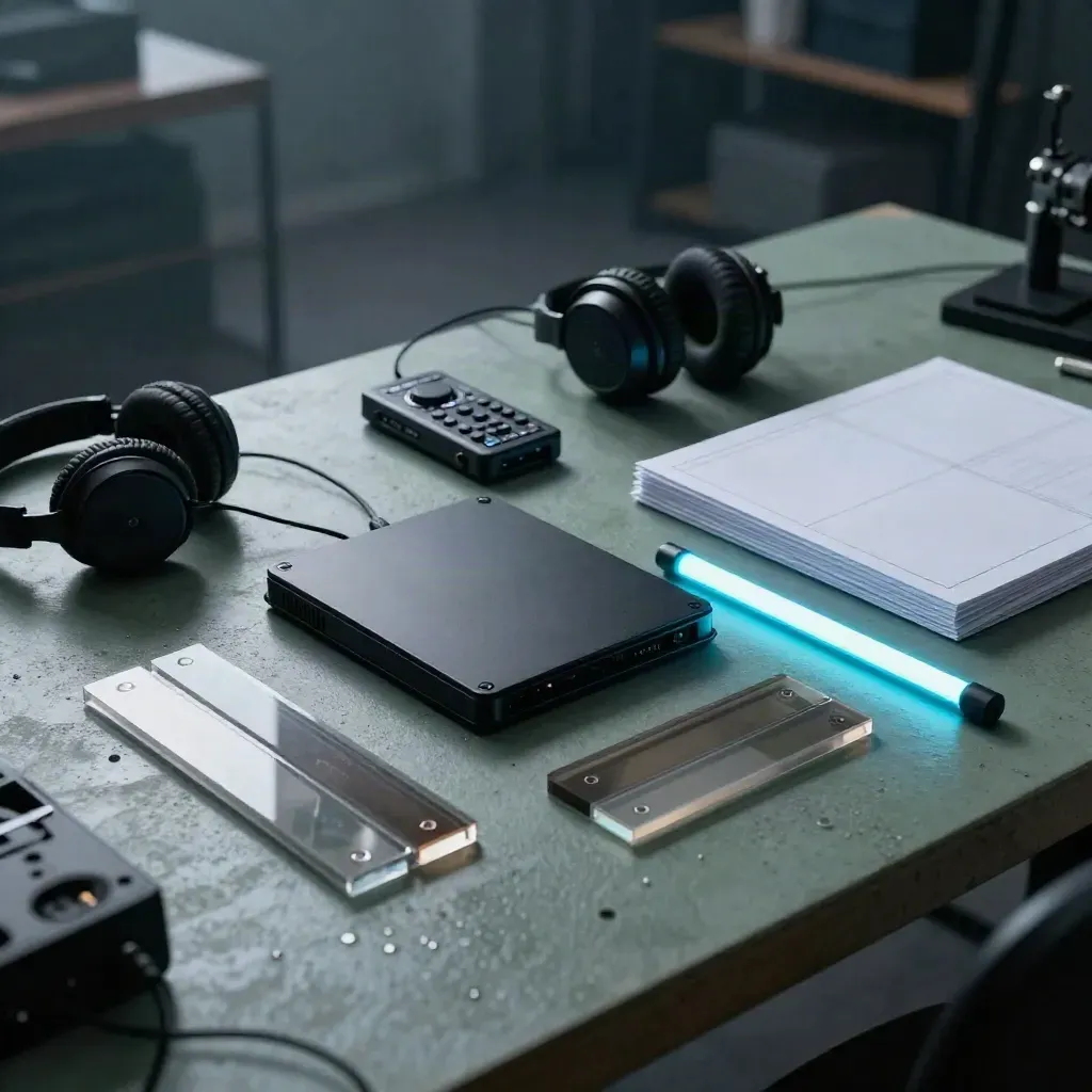 Overhead studio kit with SSD case, storyboard boards, recorder, headphones and cyan-lit LED tube.
