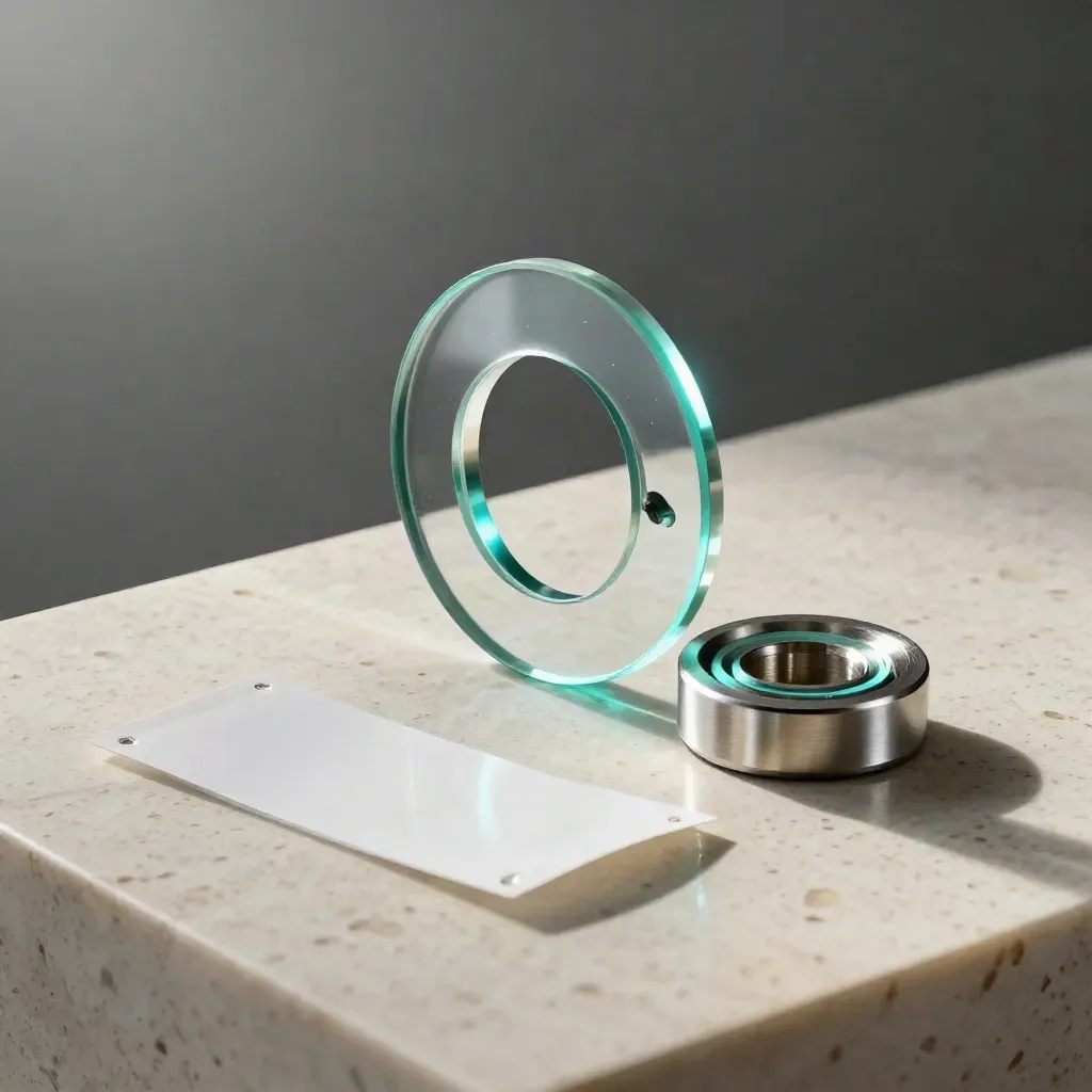 Mirrored acrylic loop, metal spacer, storyboard strip and LED puck on travertine.