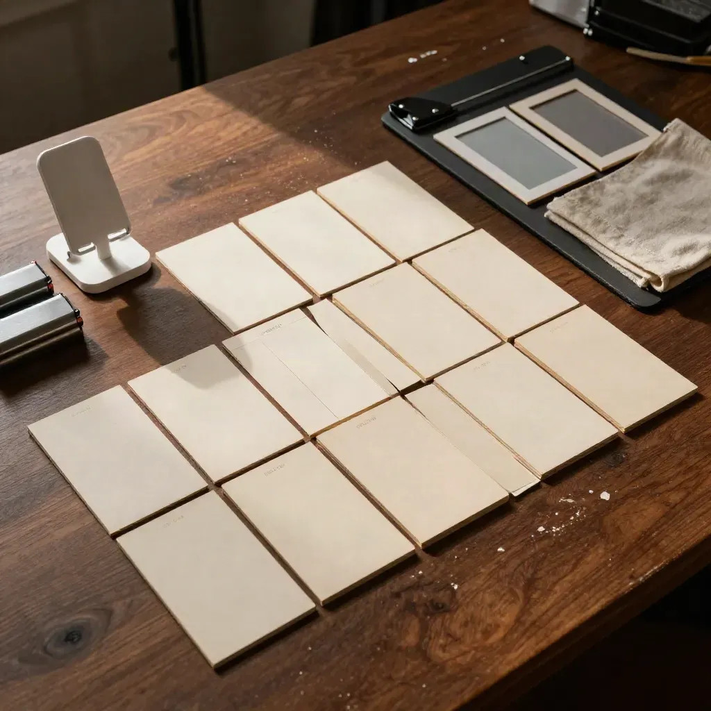 Overhead studio flatlay of prop cards, phone stand, batteries and slate tray on a walnut workbench.