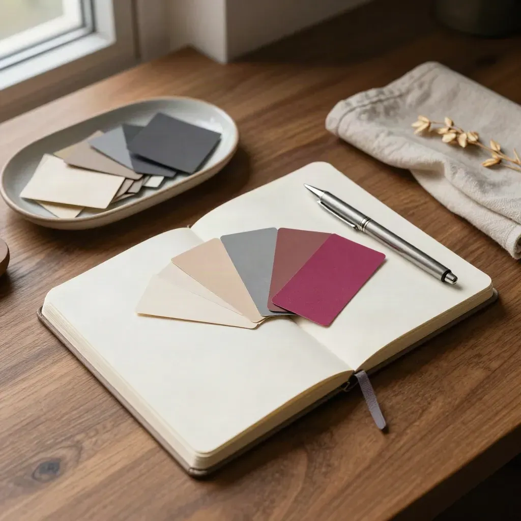 Top-down strategy desk with notebook, colour chips, metal pen, tray and folded cloth in warm walnut light.