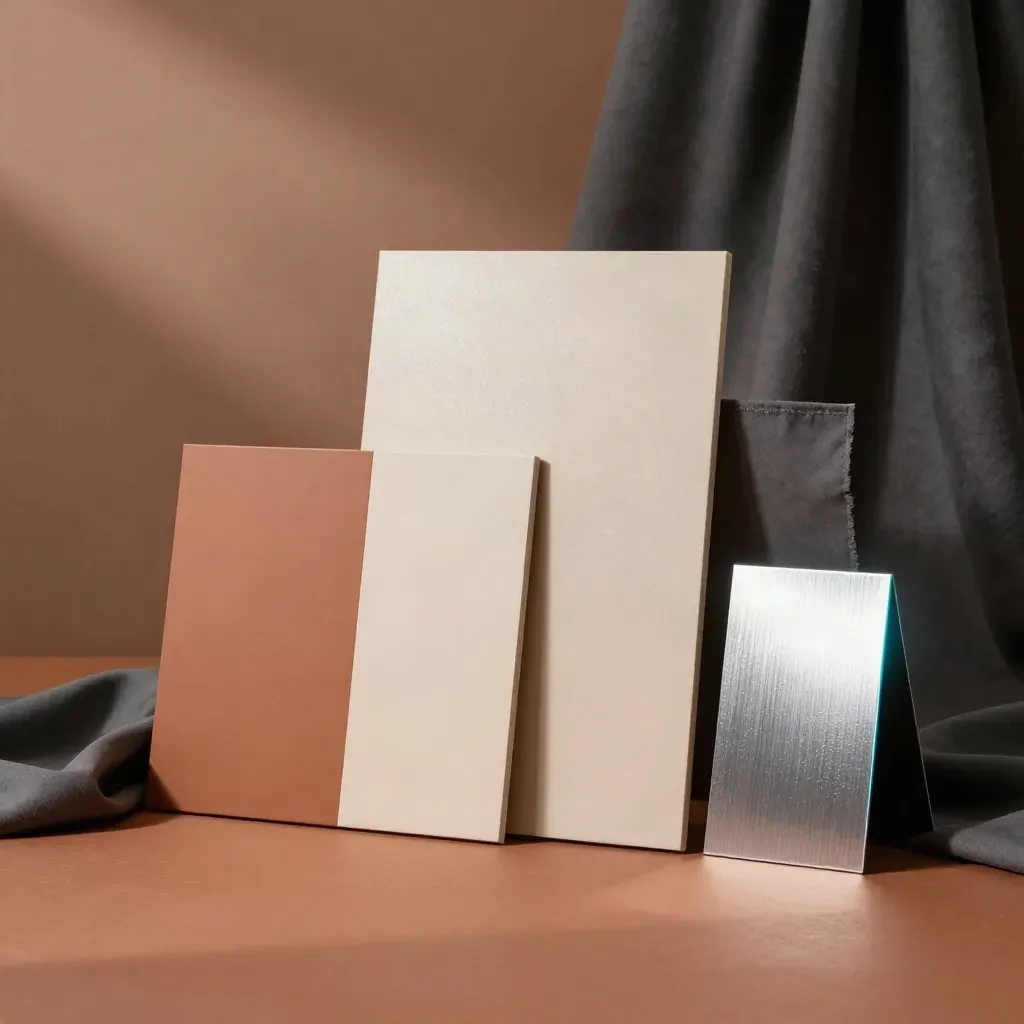 Ad-ready sample tiles, fabric, and reflector card on a terracotta studio surface