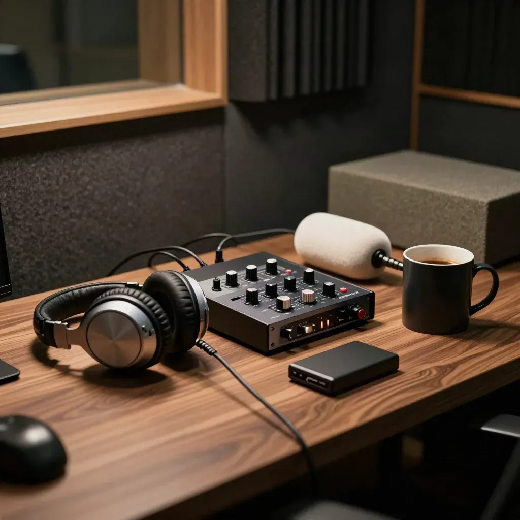 Headphones, audio interface and mug on a moody podcast edit desk in a sound booth.