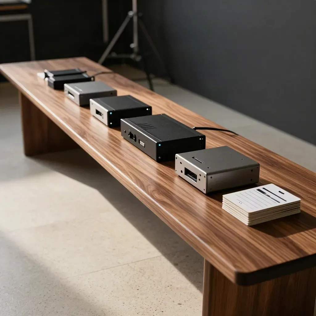 Warm studio bench with drives, folded backdrops, speaker and motion cards in late-afternoon light
