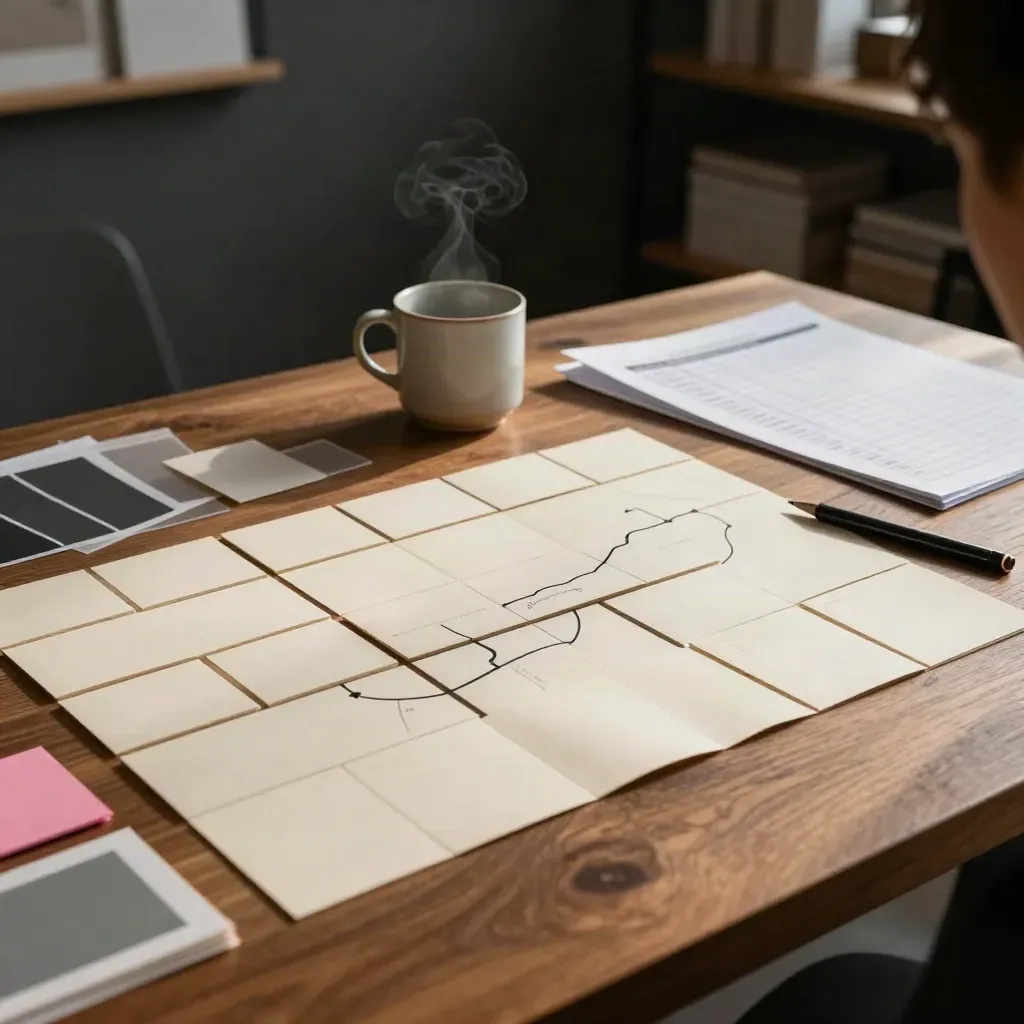 Planning desk with blank cards, schedule sheet, graphite pen and ceramic cup in warm studio light.