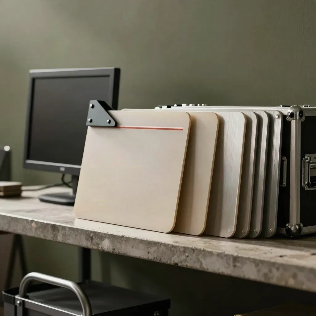 Cutdown boards, an off monitor and drive cases in a moody post-production delivery bay.