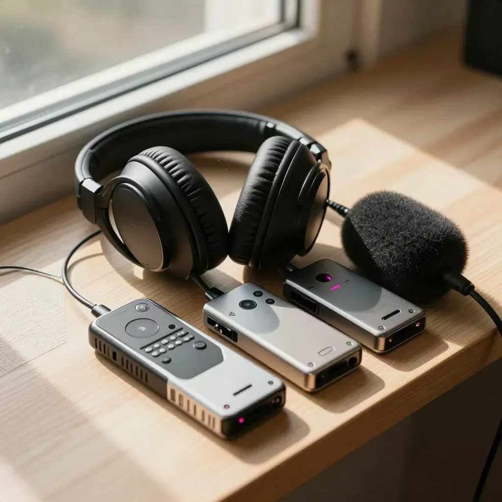 Overhead podcast clip kit with headphones, recorder, windscreen and export drives in warm window light.