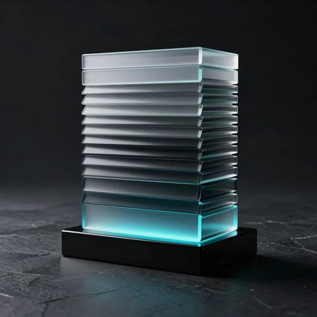 Translucent cyan-lit title bars on a black acrylic base in a dark cinematic studio