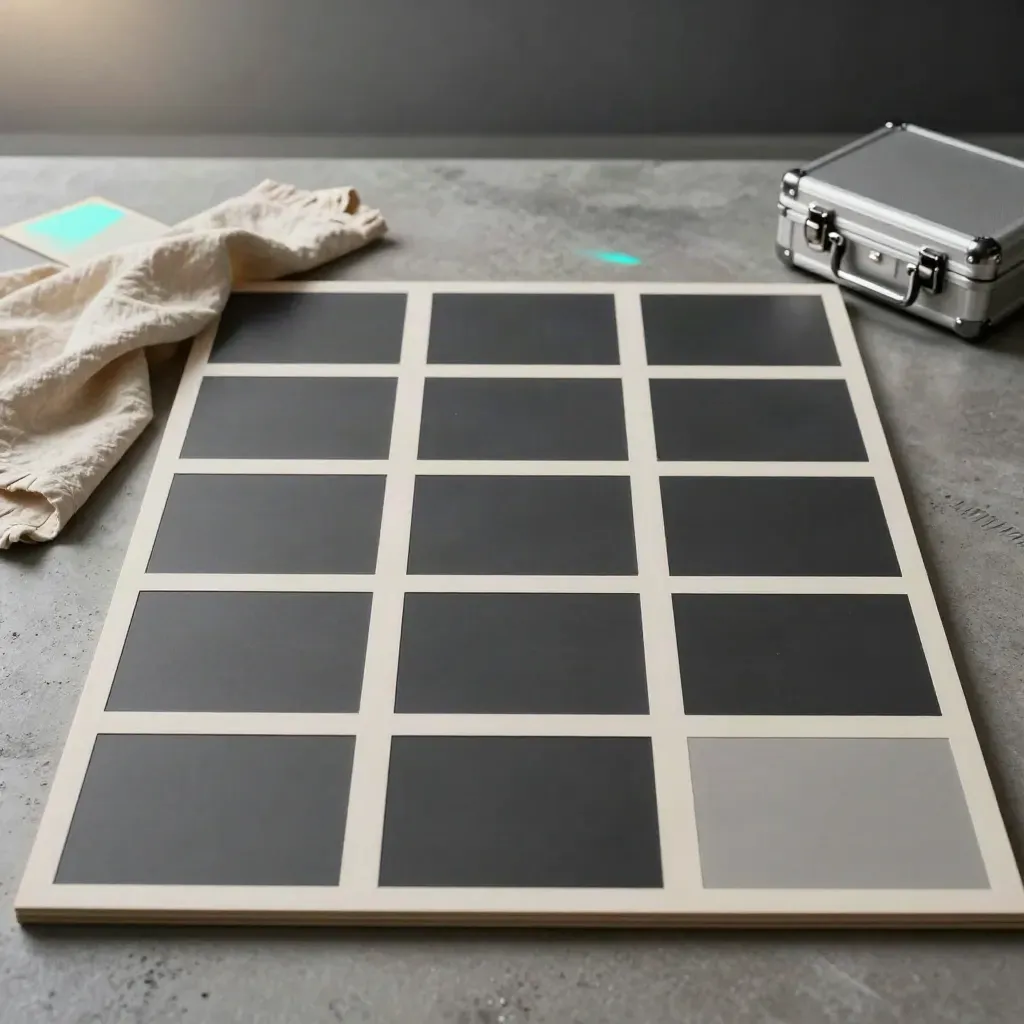 Overhead grid of blank campaign still-frame tiles, cloth, reflector card and case on concrete