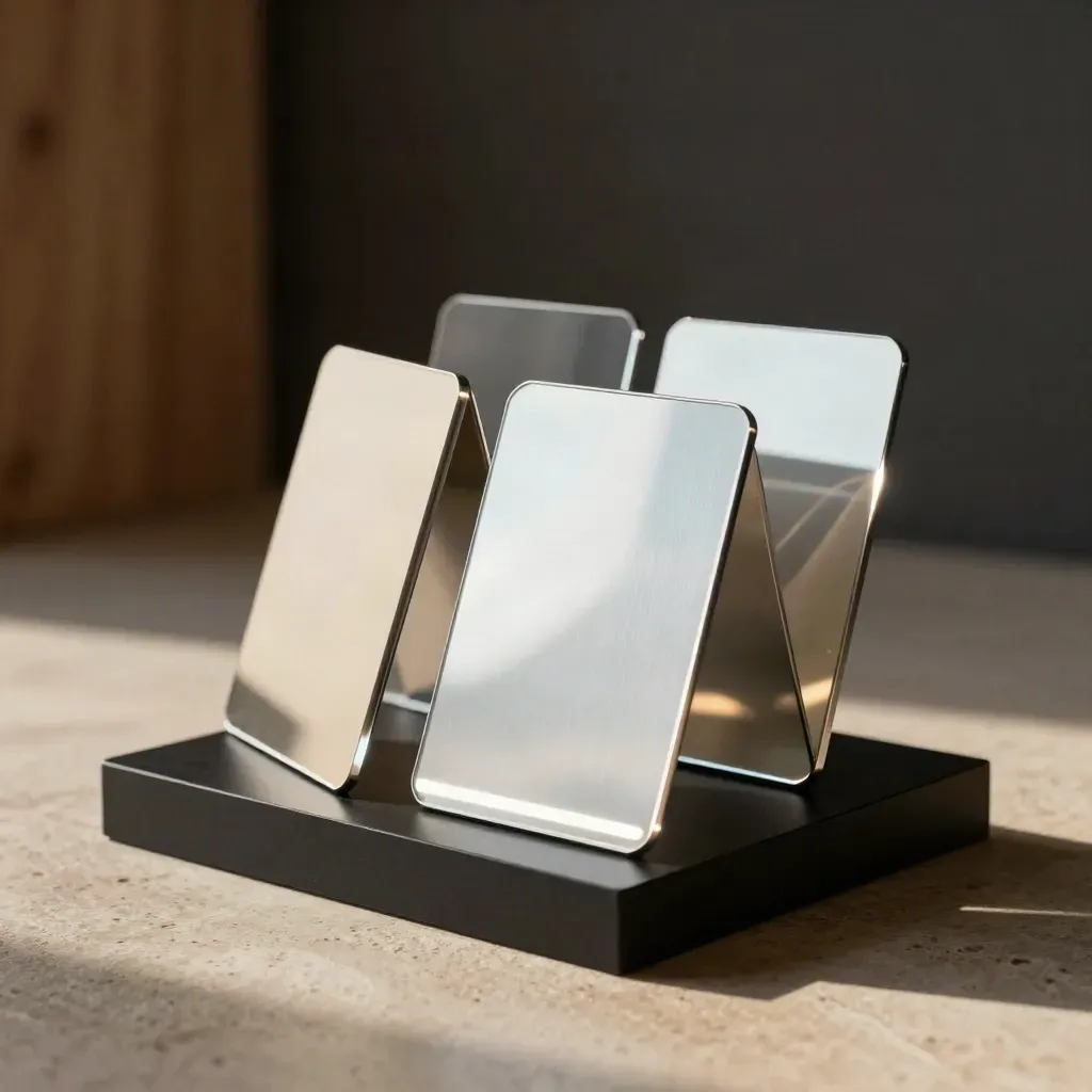 Mirrored motion cards on a matte black plinth with a white LED strip in a warm studio corner.