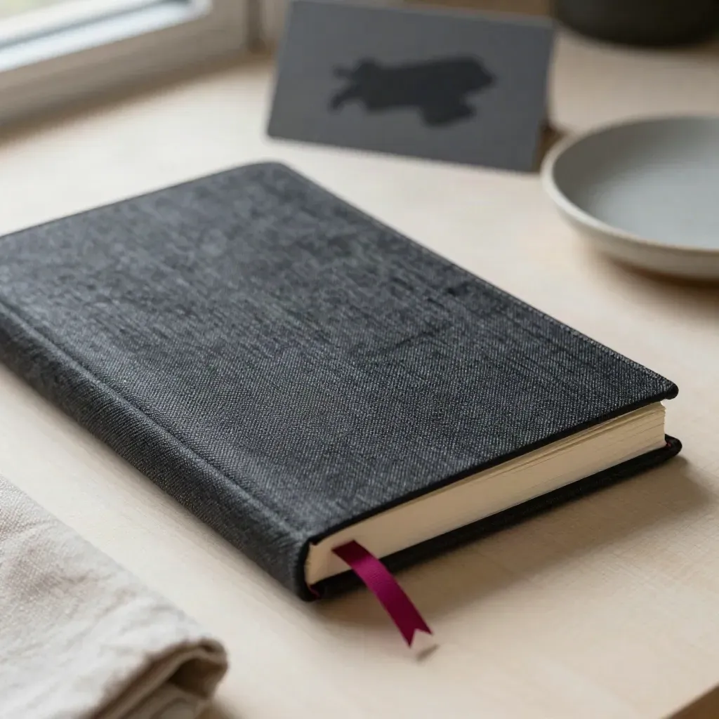 Charcoal linen notebook with ribbon, cloth and ceramic dish on pale wood