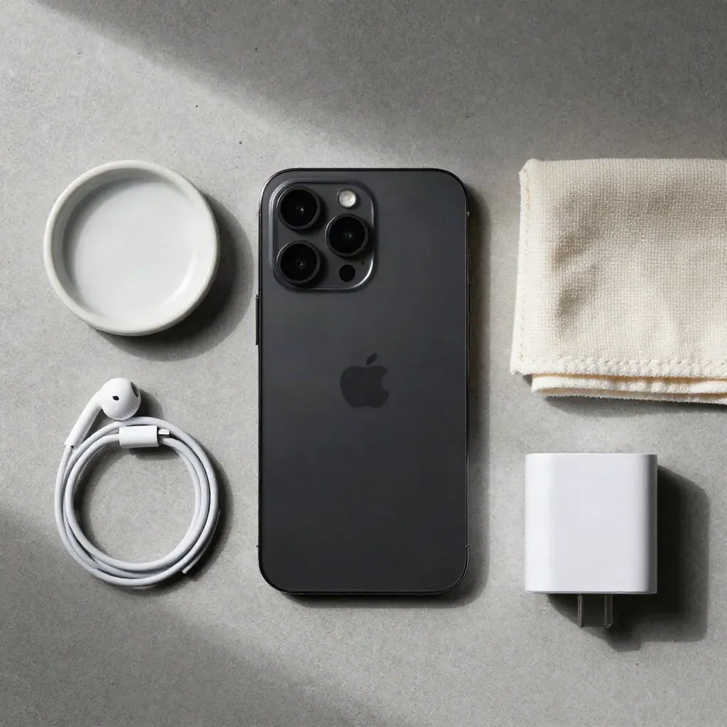 Overhead flatlay of a black smartphone, earbuds, cloth and ceramic dish on pale concrete.