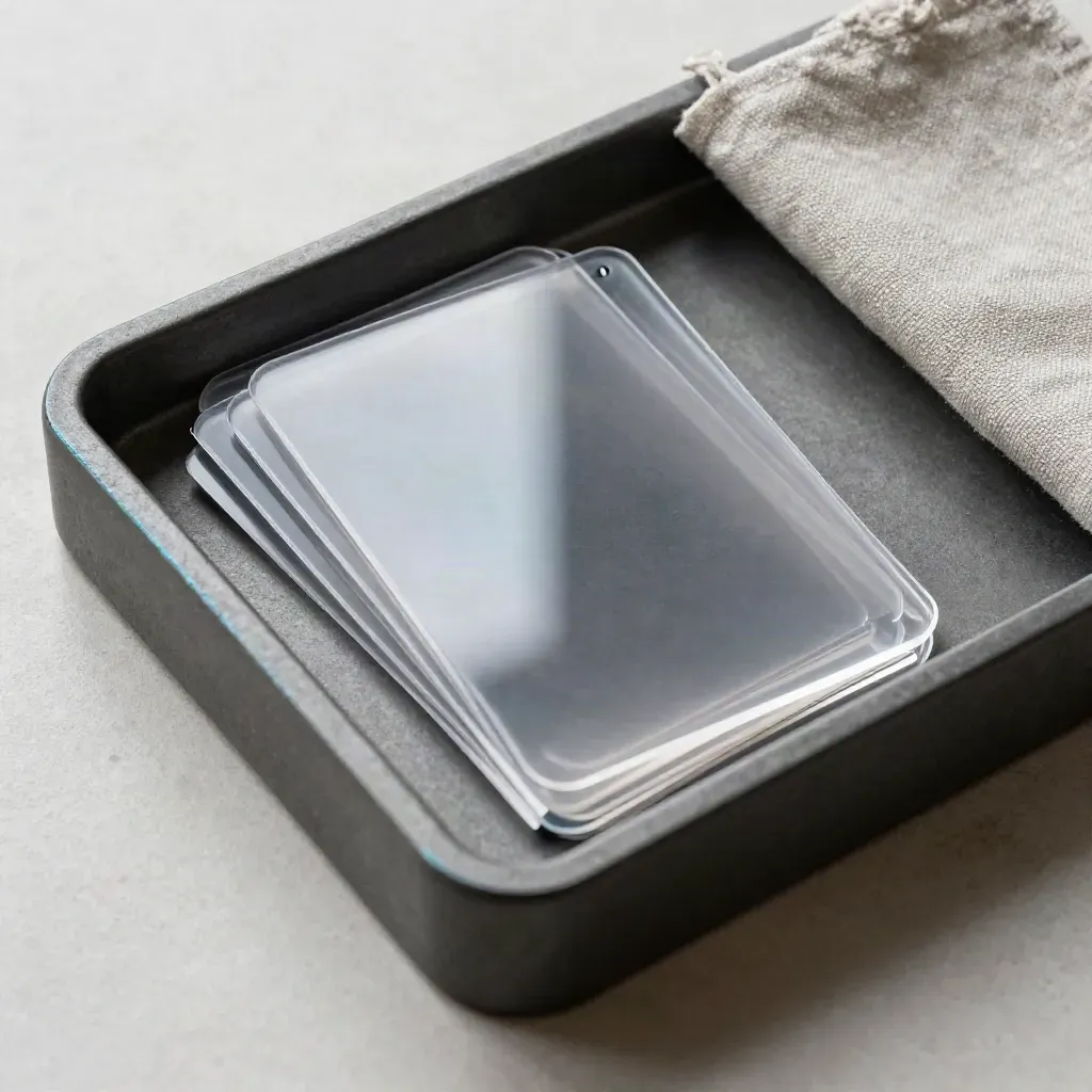 Transparent acetate motion graphics cards in a graphite tray with oat linen and a cyan glint