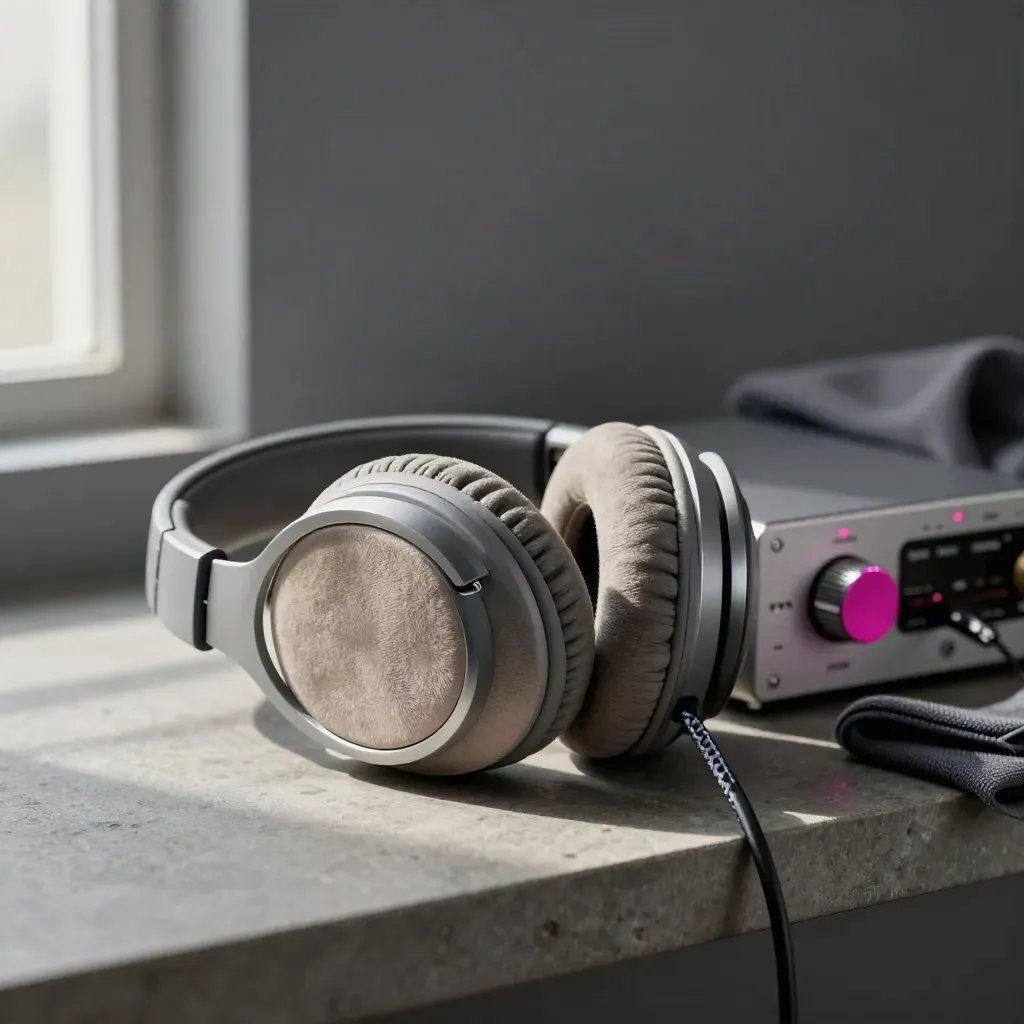 Closed-back headphones over an audio interface on a stone shelf with a magenta accent.
