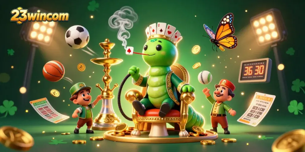 Engage with 23wincom's vibrant casino illustration featuring dynamic poker elements and sports balls.