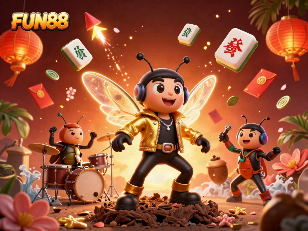 Experience FUN88's lively casino scene with electrifying characters and festive gaming elements.