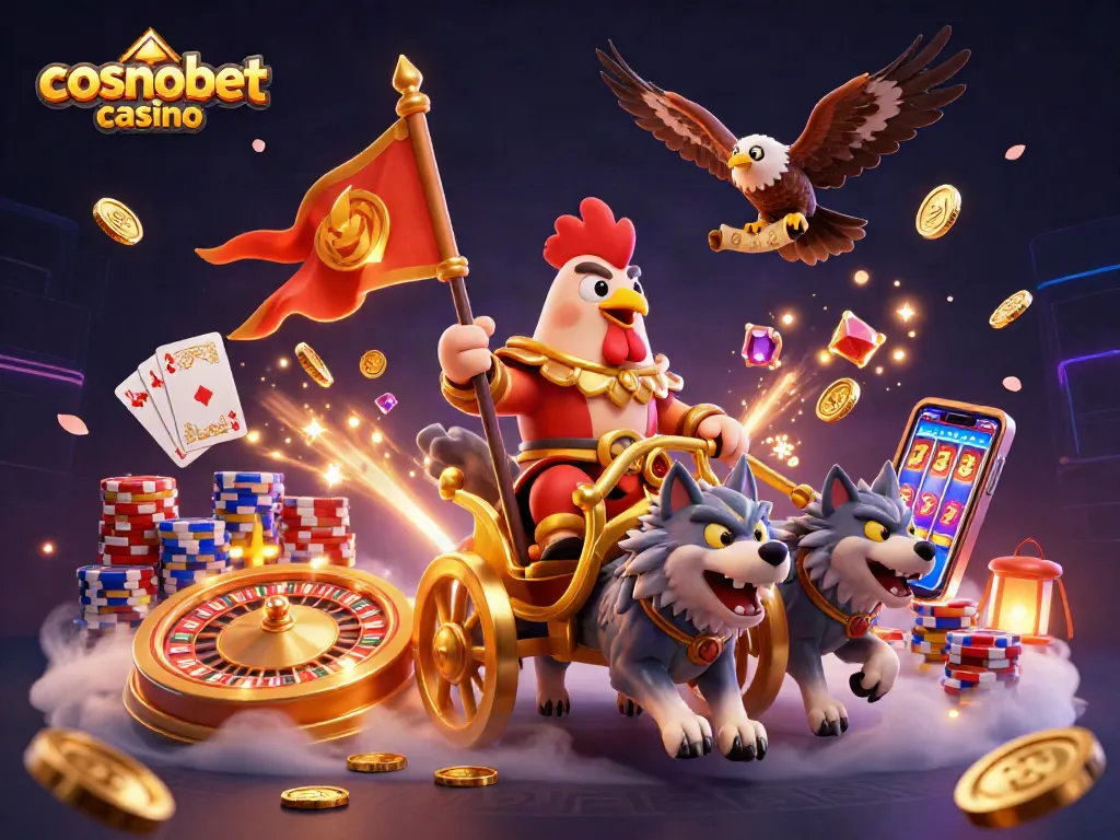 Experience the thrill of cosmobet casino with a vibrant 3D illustration of a rooster warlord and casino elements.