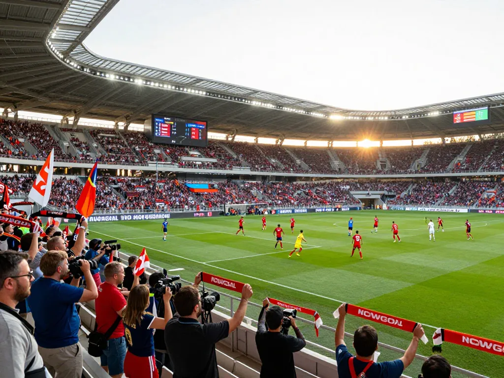 Fans celebrating with NOWGOAL logo at a vibrant football match, energetic atmosphere, live scores displayed.