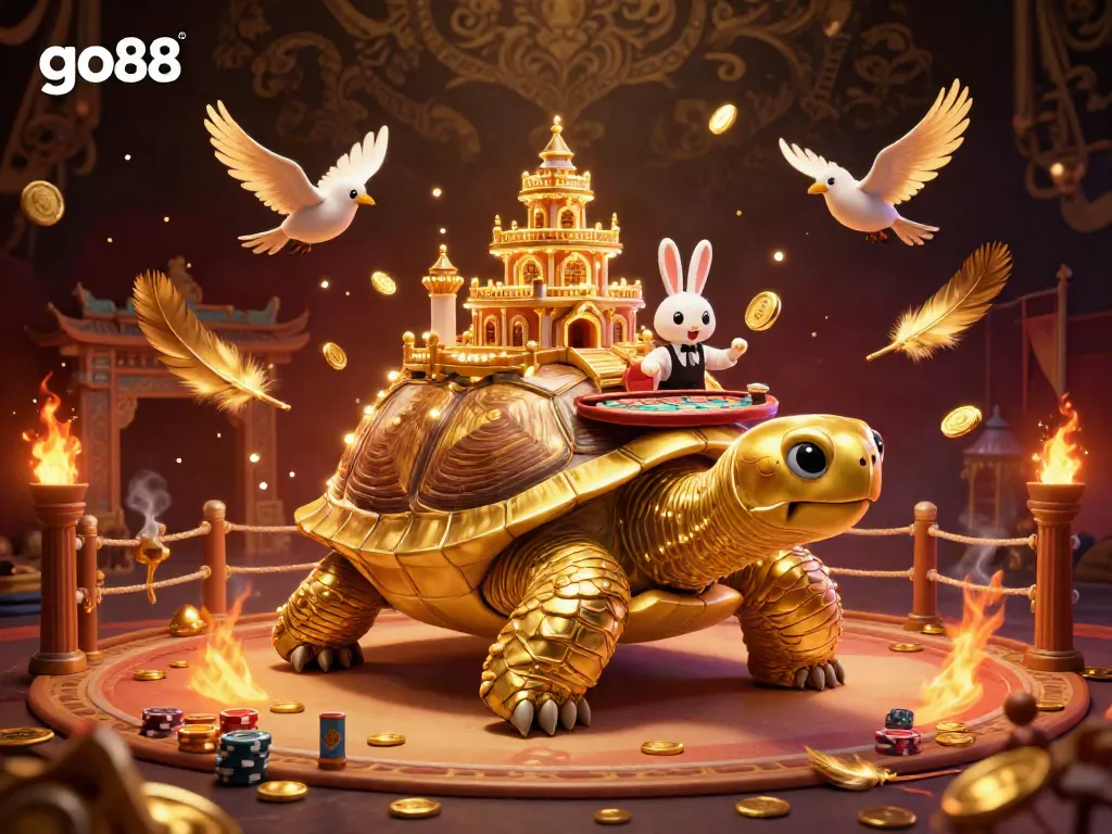 Spin the reels at go88 with a vibrant casino scene featuring a golden tortoise, a rabbit dealer, and flying coins.