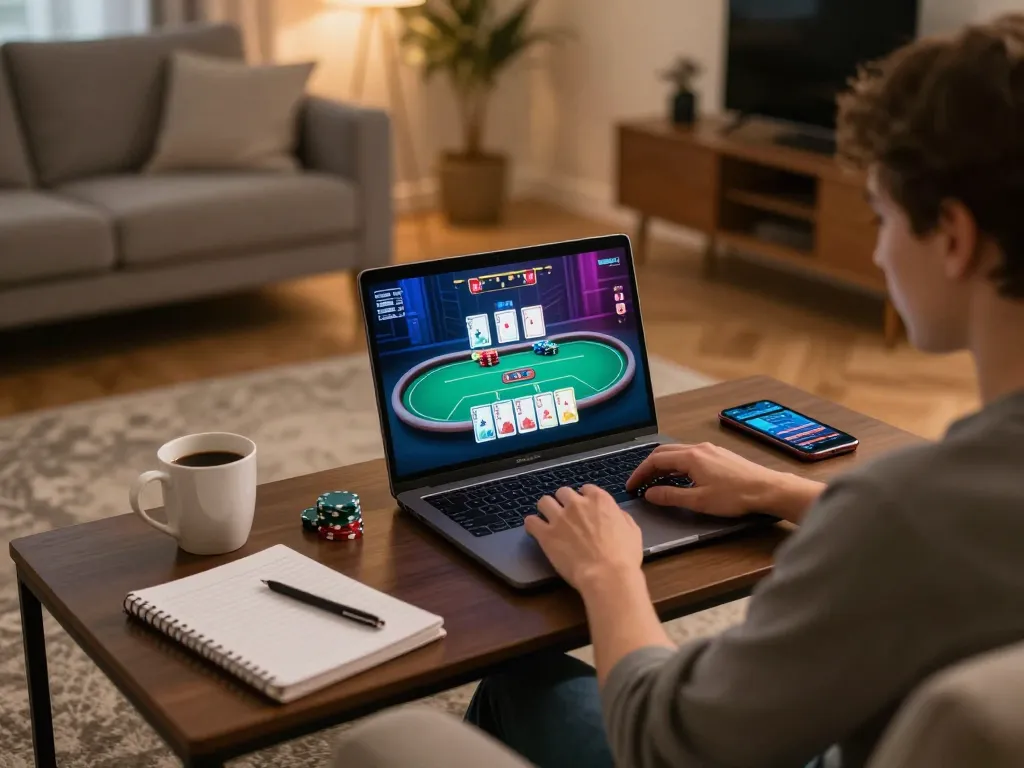 Engaging online poker gameplay on G28 while strategizing with notes at home