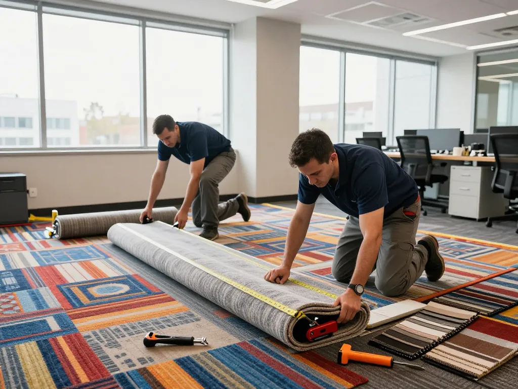 Team performing commercial carpet installation in a bright office, showcasing vibrant materials and professional teamwork.