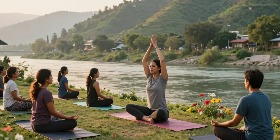 Practicing pranayama courses by the serene Ganges River in Rishikesh during golden hour.
