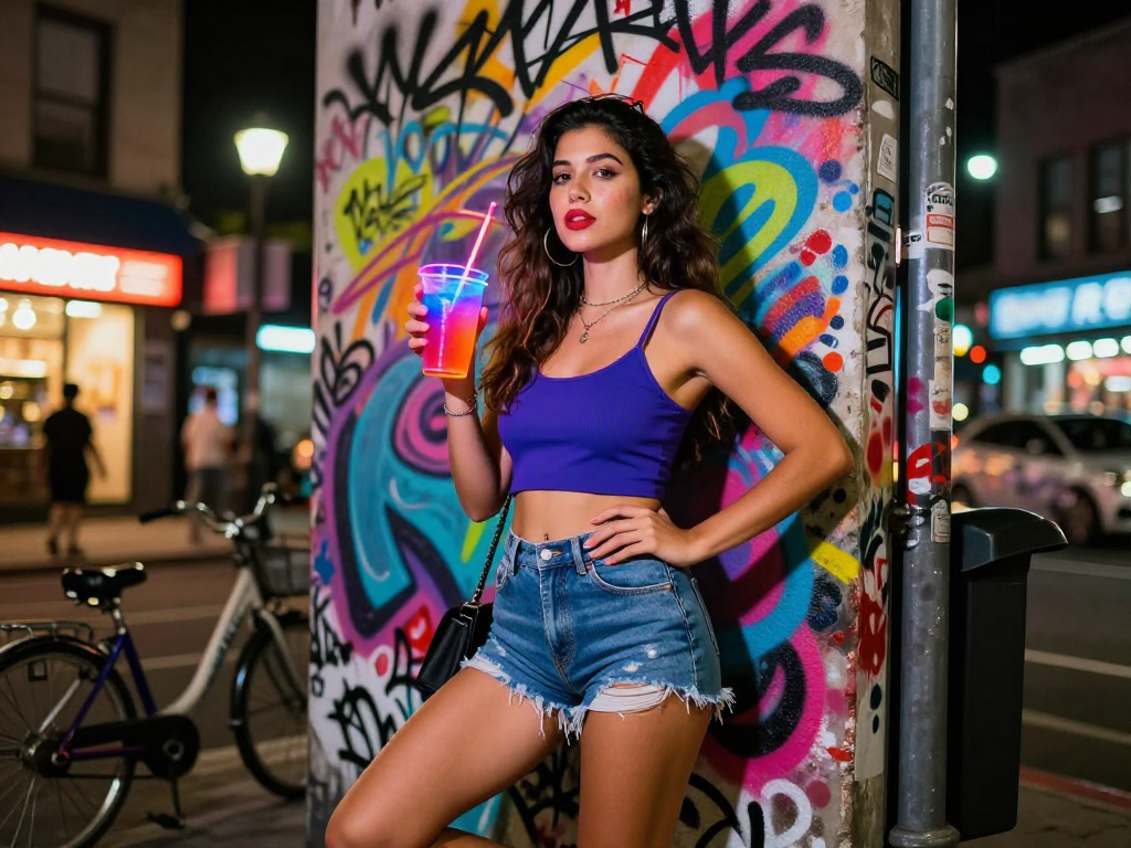 Dynamic urban nightlife scene featuring a stylish woman in neon surroundings, highlighting nsfw creativity and expression.