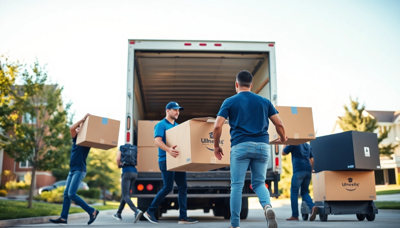 Movers from moving companies calgary loading boxes into a truck in a vibrant neighborhood.