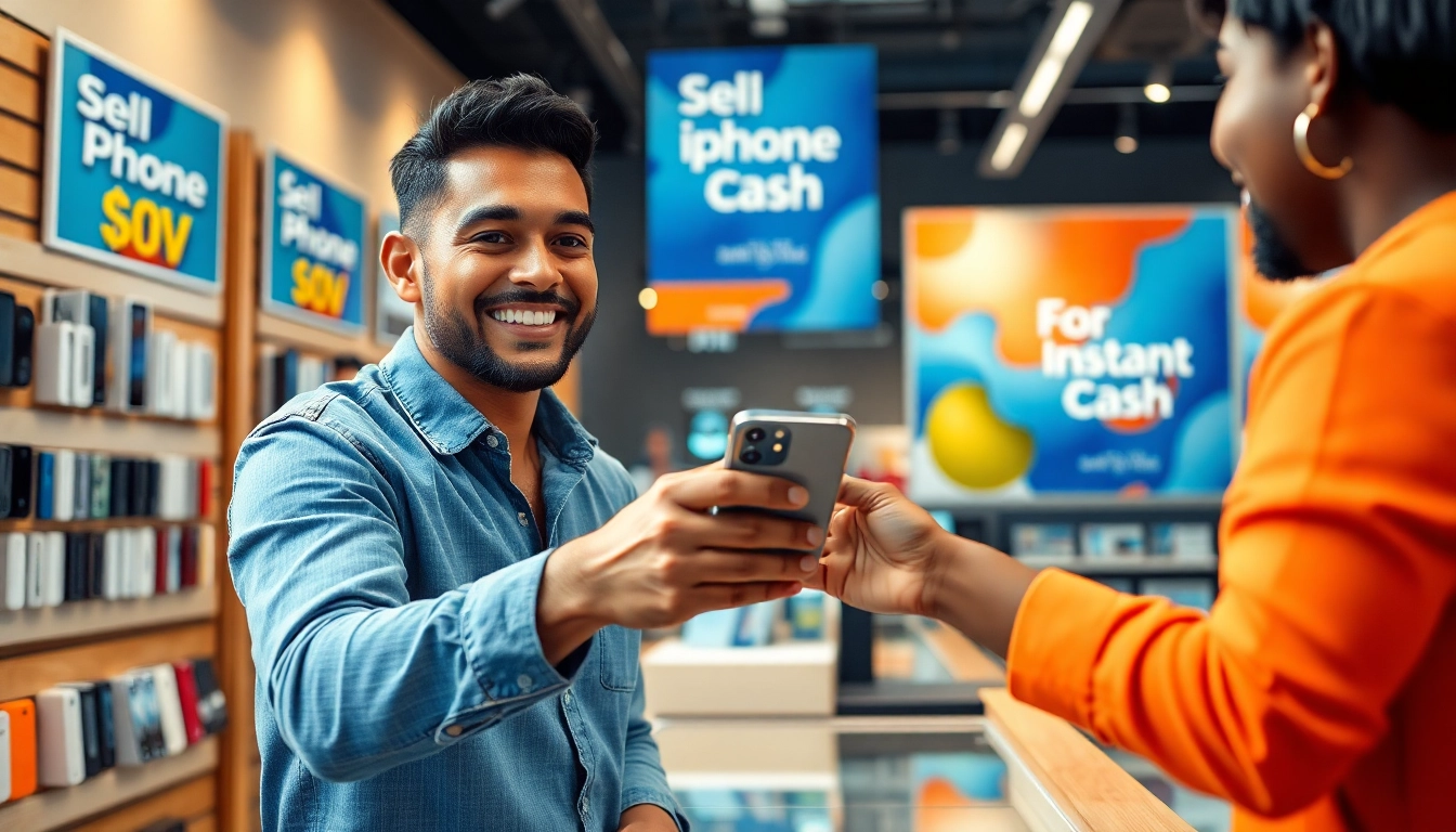 Sell Phone For Instant Cash transaction between a customer and cashier in an electronics store.