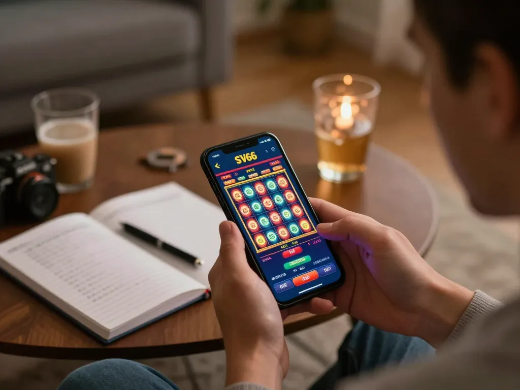 Player using the SV66 app on a smartphone for an exciting slot game experience at home.