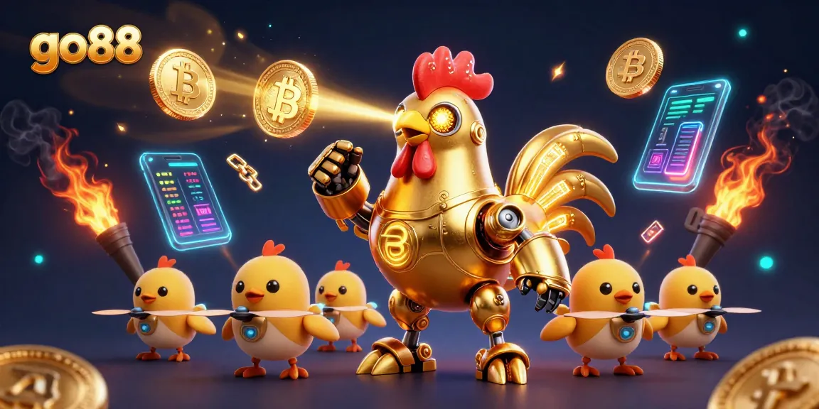 Engage with go88's dynamic gameplay featuring a golden robot and neon crypto coins.