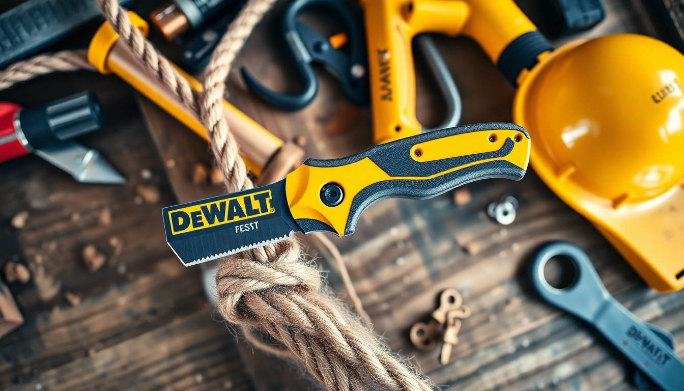 The DeWalt knife effortlessly cutting through thick rope on a wooden workbench.