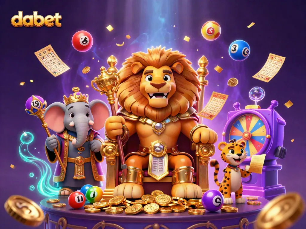 Experience excitement with Dabet's vibrant online gambling scene featuring a lion king and his advisors.