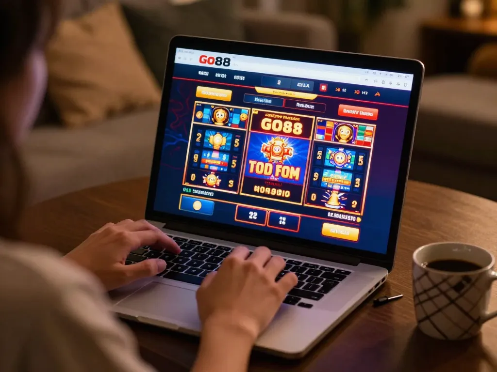 Exciting Go88 gaming session on a laptop in a cozy home setting, engaging with vibrant slot machines.