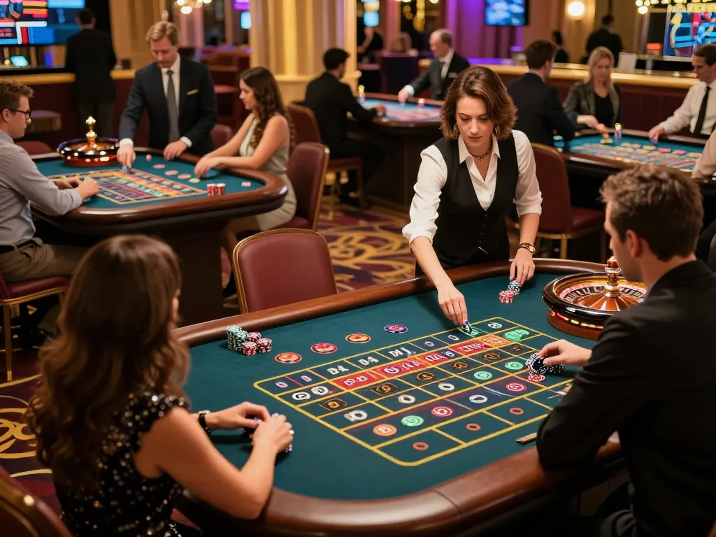 C168 players placing bets at roulette tables in upscale casino atmosphere