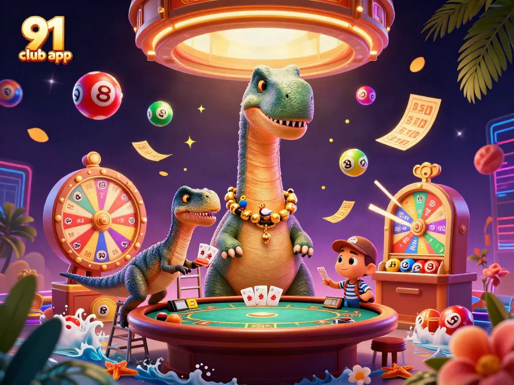 Win big with the fun-filled 91 club app featuring vibrant casino elements and playful characters.