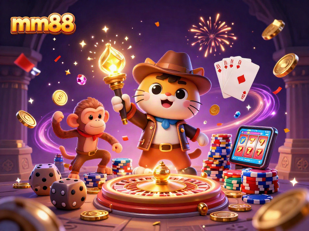 Experience the excitement of mm88 casino with a dynamic illustration of a cat explorer and a monkey companion discovering golden artifacts.