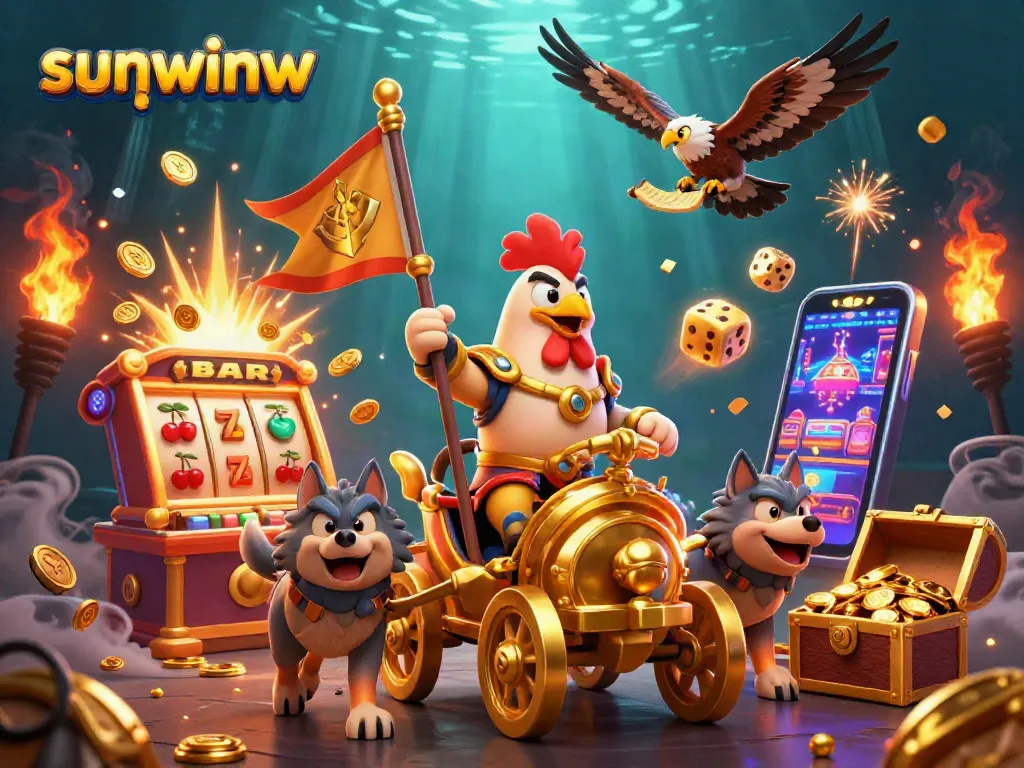 Engage in thrilling gameplay at sunwinw with a powerful rooster warlord and dynamic casino elements.
