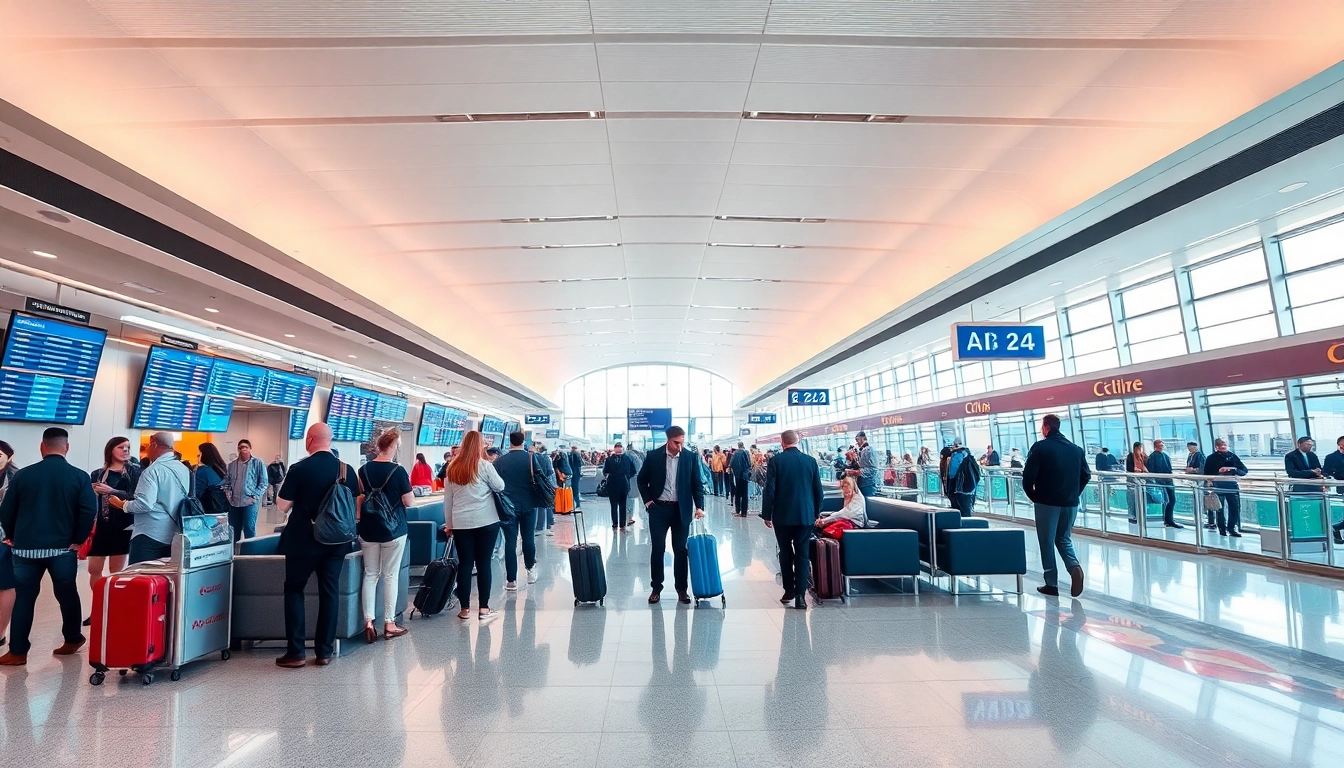 Travelers navigating through Heathrow with modern airport features in view.