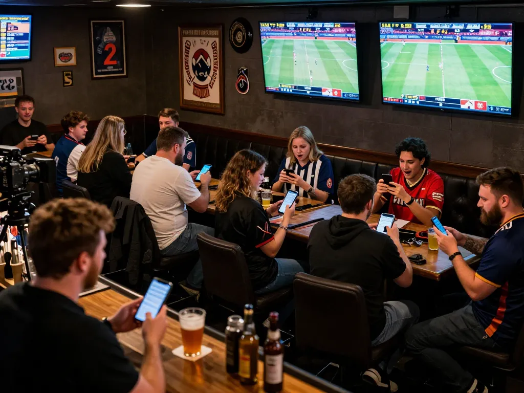 1gom users actively engaging in live sports betting at a bustling sports bar, showcasing excitement and strategic betting.