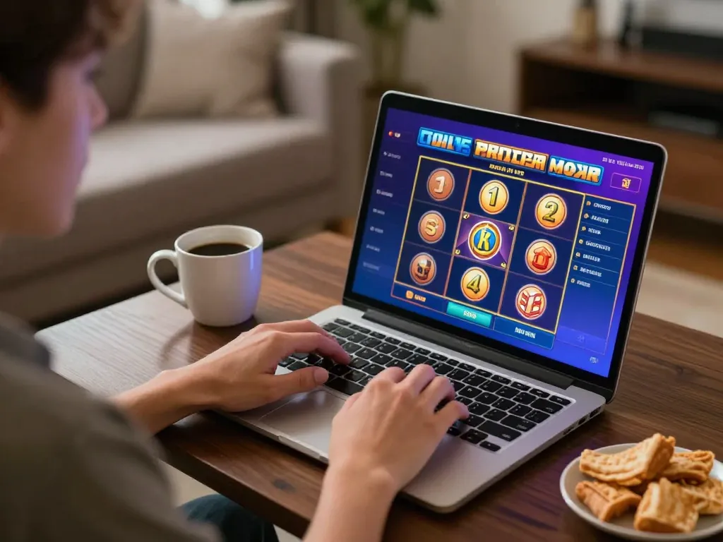 Bet789 gameplay on a laptop showcasing an online slot machine interface in a cozy home setting.