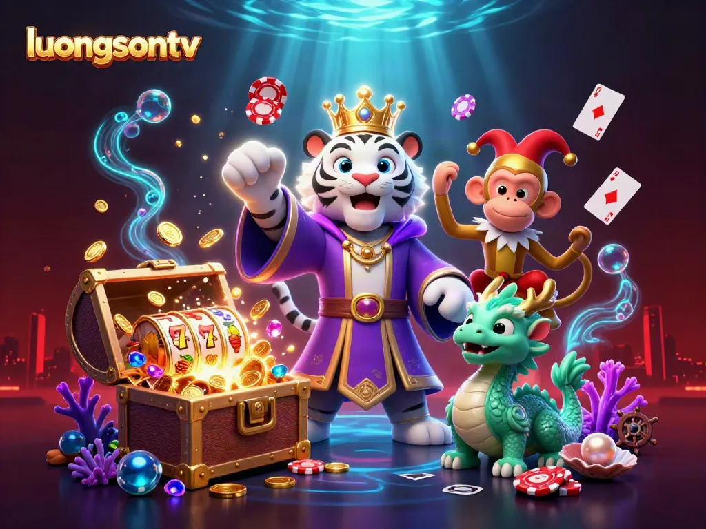 luongsontv showcases vibrant 3D illustration with casino motifs and dynamic game elements.