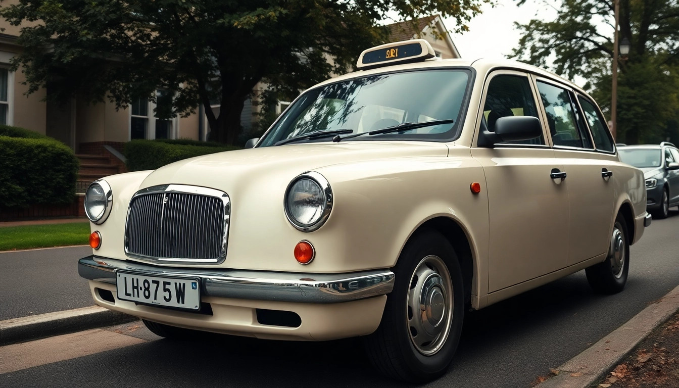 Claygate taxi service highlighted by a vintage cab on a picturesque street.