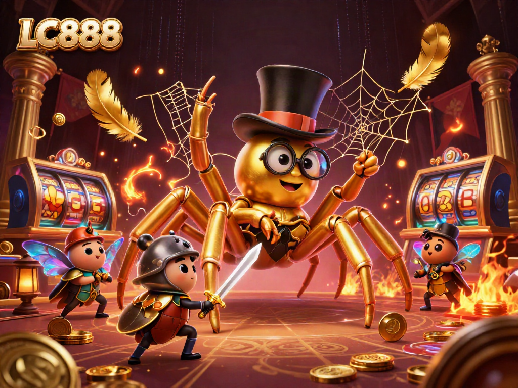 Engage with the thrilling casino scene of LC888 featuring a golden tarantula, beetle knight, and vibrant slot reels.