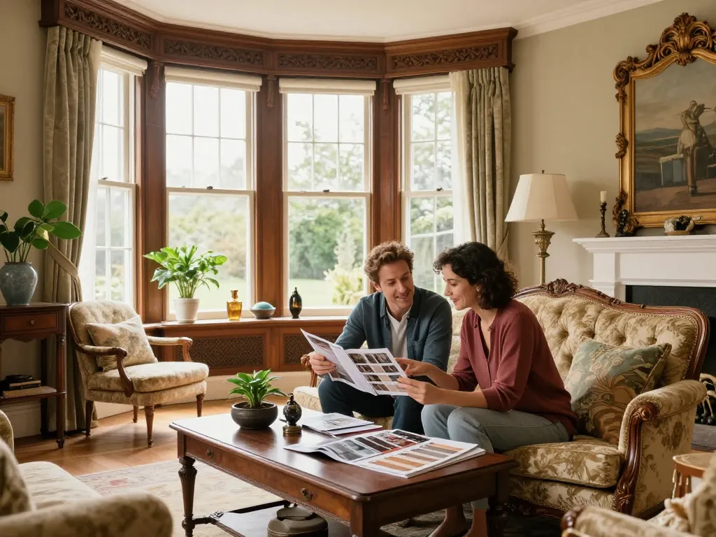 Engaging discussion about period property blogs in an elegantly styled Victorian living room with modern decor.