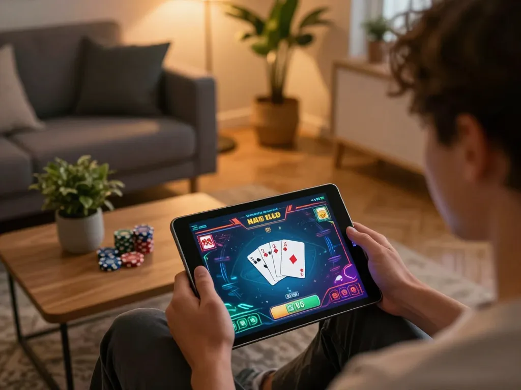 Player engaged at a hit club using a tablet for online gaming, showing poker action and vibrant graphics.