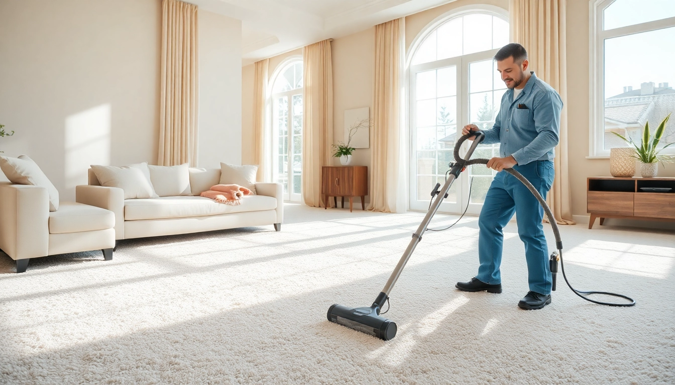 Professional carpet cleaning technician using equipment in a bright living room.