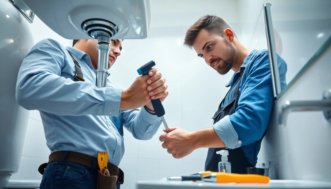 Find expert plumber near me fixing plumbing issues in a bright bathroom.
