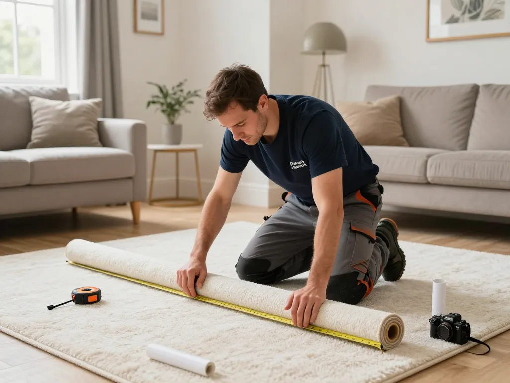 Professional carpet fitting services West London being performed in a cozy living room, showcasing the craftsmanship and tools used.