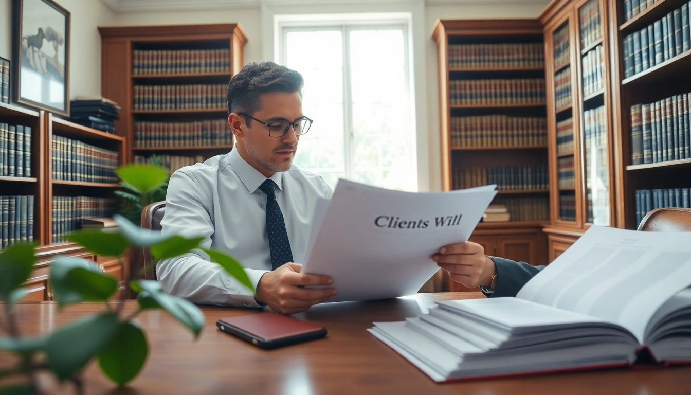 Lawyer reviewing Wills in a professional setting with legal documents and law books.